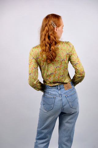 Vintage 70s Boho Kamel Print Baumwollbluse - XS/S