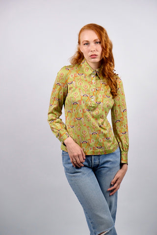 Vintage 70s Boho Kamel Print Baumwollbluse - XS/S