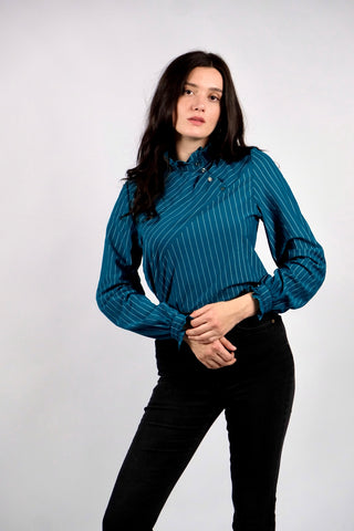 Vintage 70s/80s Nadelstreifen Rüschenbluse Petrol - S/M
