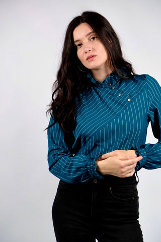 Vintage 70s/80s Nadelstreifen Rüschenbluse Petrol - S/M