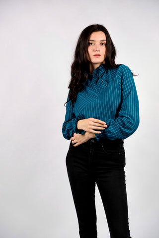 Vintage 70s/80s Nadelstreifen Rüschenbluse Petrol - S/M