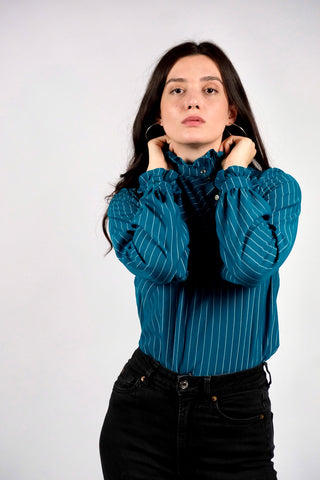 Vintage 70s/80s Nadelstreifen Rüschenbluse Petrol - S/M