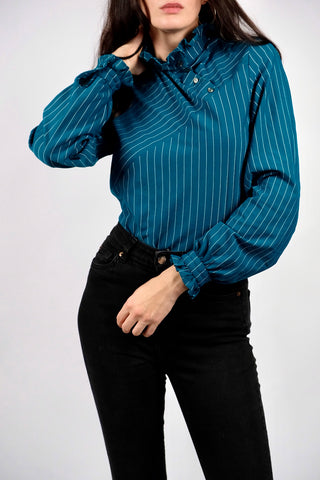 Vintage 70s/80s Nadelstreifen Rüschenbluse Petrol - S/M