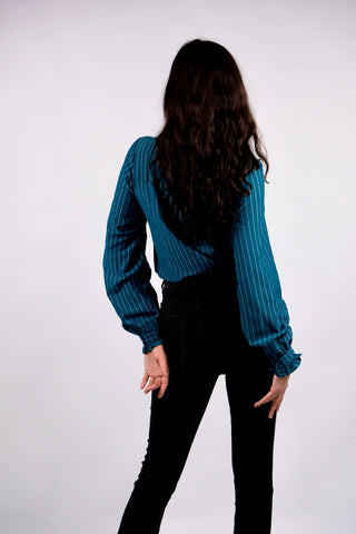 Vintage 70s/80s Nadelstreifen Rüschenbluse Petrol - S/M