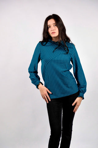 Vintage 70s/80s Nadelstreifen Rüschenbluse Petrol - S/M