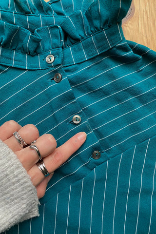 Vintage 70s/80s Nadelstreifen Rüschenbluse Petrol - S/M