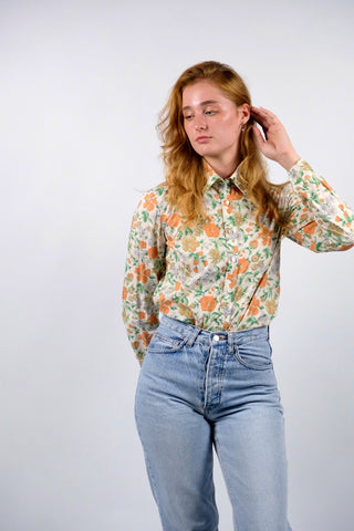 Vintage 70s Cacharel Designer Blumen Print Baumwollbluse - S/M