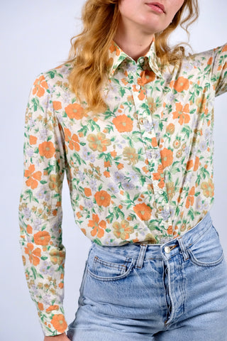 Vintage 70s Cacharel Designer Blumen Print Baumwollbluse - S/M