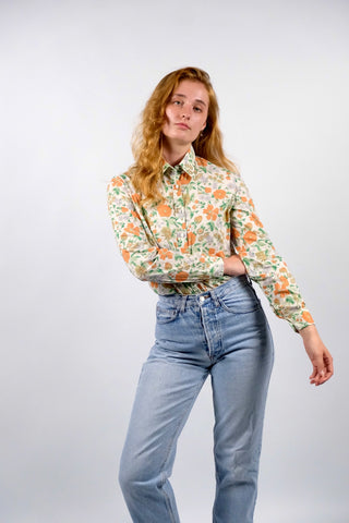 Vintage 70s Cacharel Designer Blumen Print Baumwollbluse - S/M