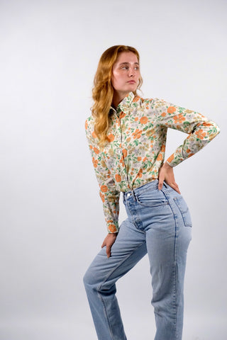 Vintage 70s Cacharel Designer Blumen Print Baumwollbluse - S/M