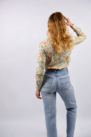 Vintage 70s Cacharel Designer Blumen Print Baumwollbluse - S/M