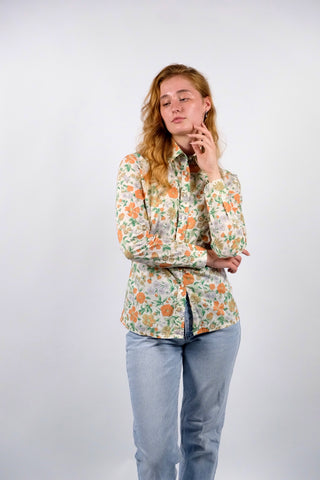 Vintage 70s Cacharel Designer Blumen Print Baumwollbluse - S/M