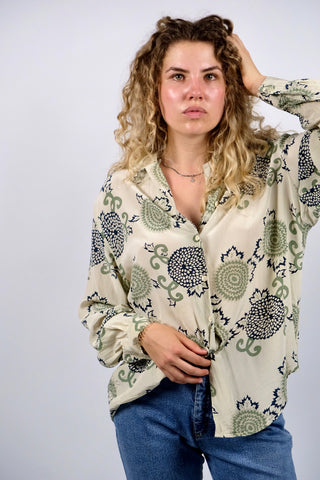 Vintage 90s Boho Crazy Pattern Seidenbluse - M/L