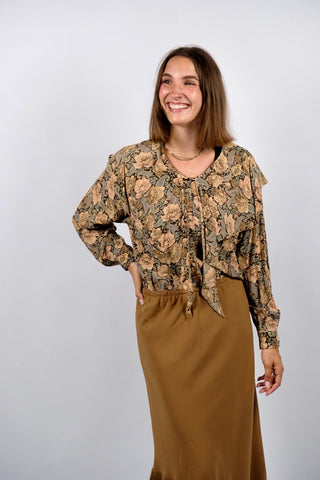 Vintage 80s Blumen & Paisley Print Viskose Volantbluse - M/L