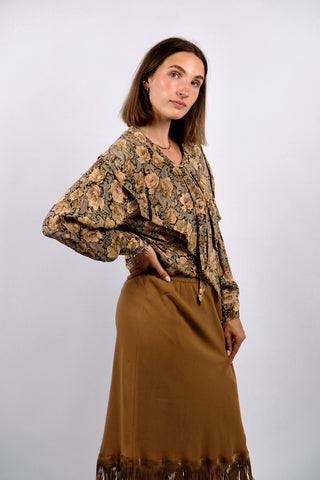 Vintage 80s Blumen & Paisley Print Viskose Volantbluse - M/L