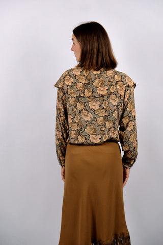 Vintage 80s Blumen & Paisley Print Viskose Volantbluse - M/L