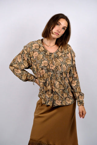 Vintage 80s Blumen & Paisley Print Viskose Volantbluse - M/L