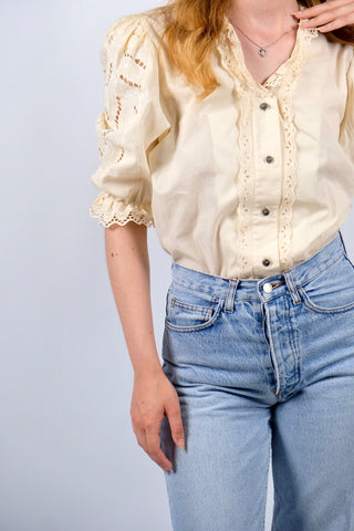 Vintage 80s/90s Landhaus Lochspitze Puffärmel Bluse - M