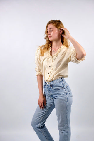 Vintage 80s/90s Landhaus Lochspitze Puffärmel Bluse - M