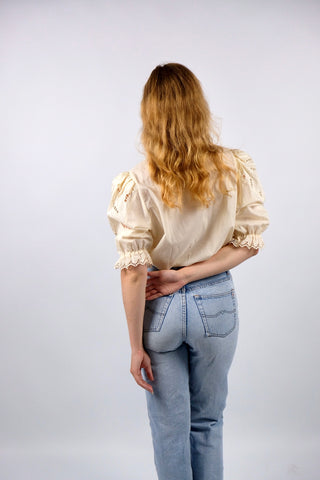 Vintage 80s/90s Landhaus Lochspitze Puffärmel Bluse - M