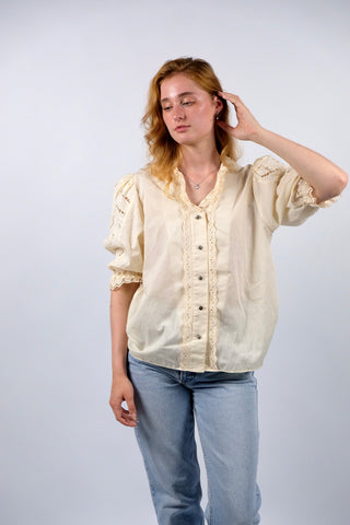 Vintage 80s/90s Landhaus Lochspitze Puffärmel Bluse - M