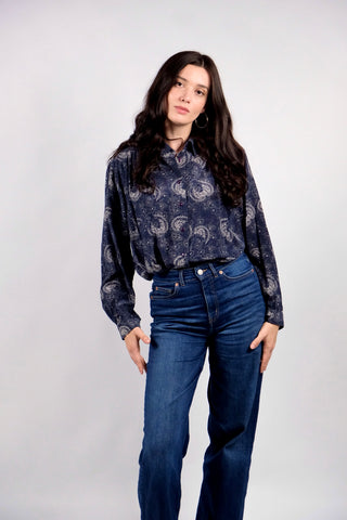 Vintage 80s/90s Boho Print Seidenbluse Marineblau - L/XL