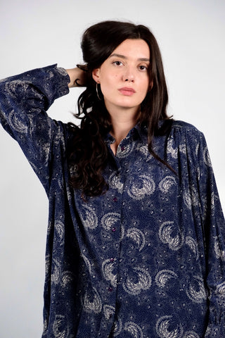 Vintage 80s/90s Boho Print Seidenbluse Marineblau - L/XL