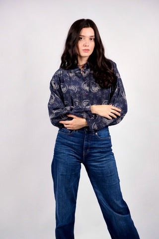 Vintage 80s/90s Boho Print Seidenbluse Marineblau - L/XL