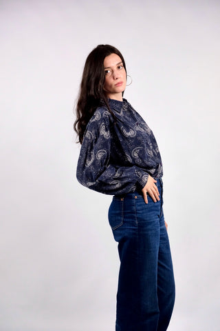 Vintage 80s/90s Boho Print Seidenbluse Marineblau - L/XL
