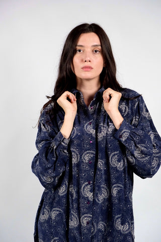 Vintage 80s/90s Boho Print Seidenbluse Marineblau - L/XL
