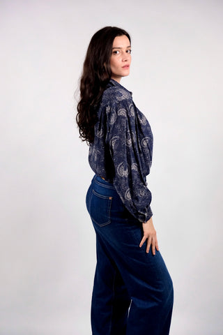 Vintage 80s/90s Boho Print Seidenbluse Marineblau - L/XL