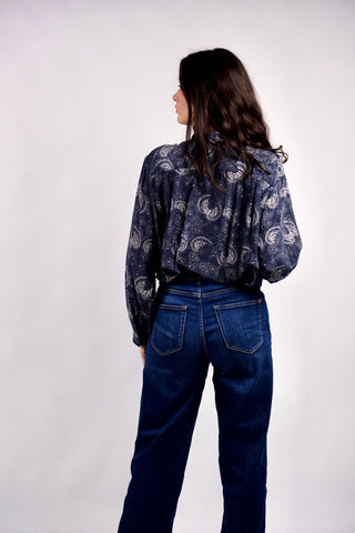 Vintage 80s/90s Boho Print Seidenbluse Marineblau - L/XL