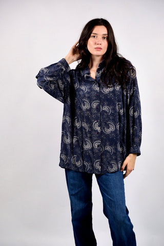 Vintage 80s/90s Boho Print Seidenbluse Marineblau - L/XL