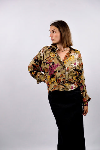 Vintage 80s Floral Crazy Pattern Blouson Bomber Viskose Bluse - S/M
