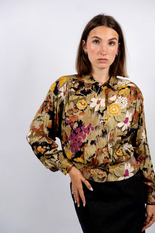 Vintage 80s Floral Crazy Pattern Blouson Bomber Viskose Bluse - S/M