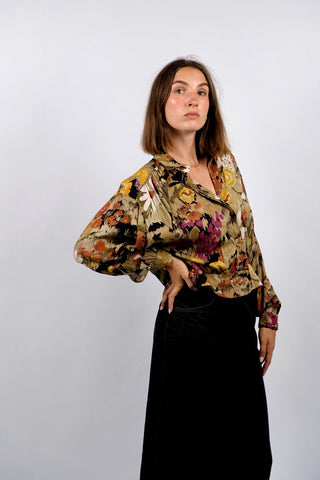 Vintage 80s Floral Crazy Pattern Blouson Bomber Viskose Bluse - S/M