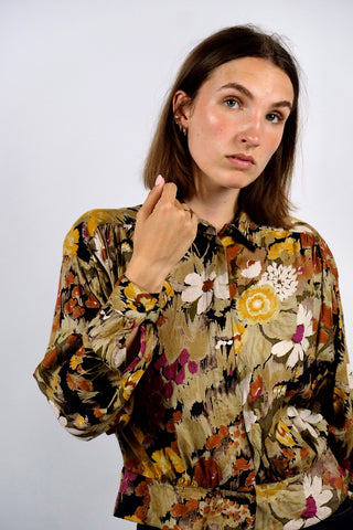 Vintage 80s Floral Crazy Pattern Blouson Bomber Viskose Bluse - S/M