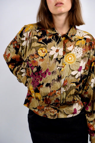 Vintage 80s Floral Crazy Pattern Blouson Bomber Viskose Bluse - S/M