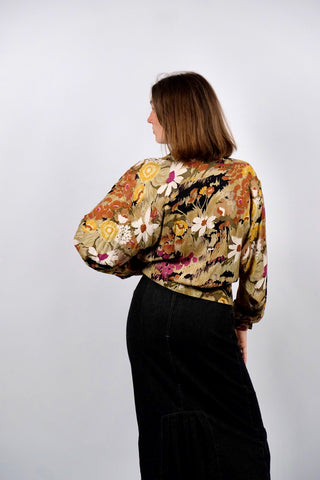 Vintage 80s Floral Crazy Pattern Blouson Bomber Viskose Bluse - S/M