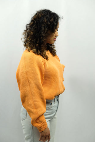 90s Frühlingspullover aus reiner Baumwolle in hellem Orange, locker geschnittene Größe S