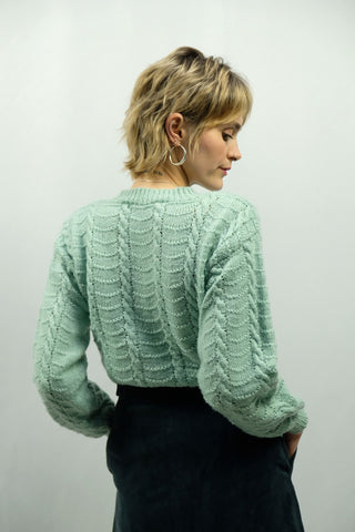 80s handmade Pullover in Mint mit tollem Strickmuster und leichten Ballonärmeln – fällt klein aus, ebenfalls der Kopfausschnitt – ein wahres Unikat und Highlight