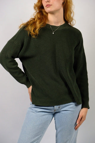 Preloved (Secondhand) Basic Sommerpullover von MbyM in dunklem Oliv-/Graugrün, lockerer Schnitt und gerippte Struktur – Größe S/M