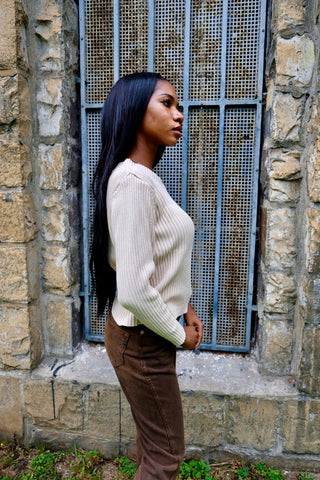 90s/00s Pullover aus reiner Baumwolle in Beige, mit V-Kragen und gerippter Struktur – tragbar von einer XS bis S je nach gewünschter Passform