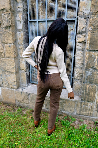 90s/00s Pullover aus reiner Baumwolle in Beige, mit V-Kragen und gerippter Struktur – tragbar von einer XS bis S je nach gewünschter Passform