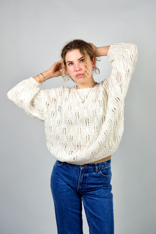 Handmade 80s Pullover in (Creme)weiß mit schönem Lochstrickmuster, ca. von einer S bis L tragbar je nach gewünschter Passform