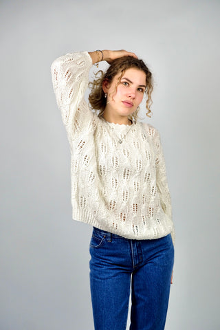 Handmade 80s Pullover in (Creme)weiß mit schönem Lochstrickmuster, ca. von einer S bis L tragbar je nach gewünschter Passform