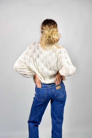 Handmade 80s Pullover in (Creme)weiß mit schönem Lochstrickmuster, ca. von einer S bis L tragbar je nach gewünschter Passform