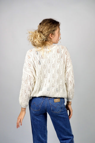 Handmade 80s Pullover in (Creme)weiß mit schönem Lochstrickmuster, ca. von einer S bis L tragbar je nach gewünschter Passform