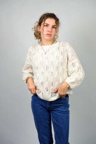 Handmade 80s Pullover in (Creme)weiß mit schönem Lochstrickmuster, ca. von einer S bis L tragbar je nach gewünschter Passform
