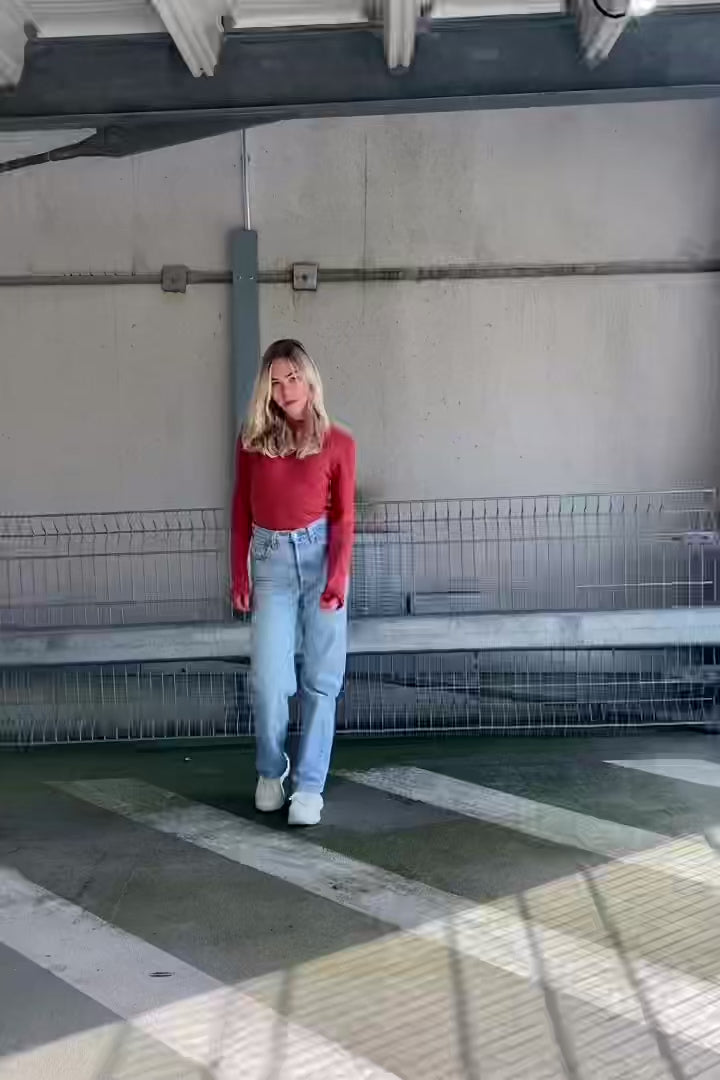 00s Langarmshirt in Orange – figurbetonter Schnitt mit gerippter Struktur sowie tollem mehrlagigem Design an Kragen, Ärmeln und Saum – insgesamt elastisch – entspricht einer M